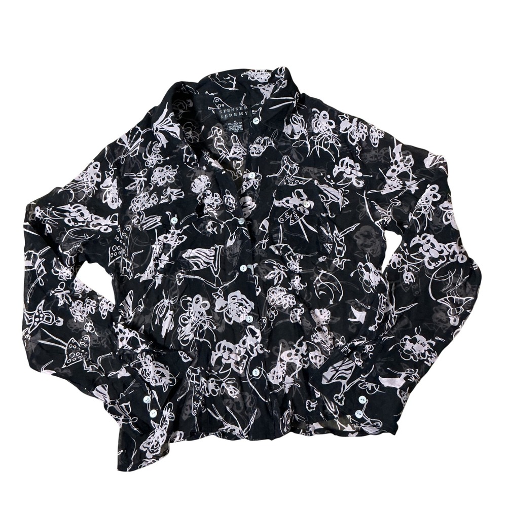 Spenser Jeremy Silk Sheer Floral Button Down Blouse Womens M Black Abstract Top